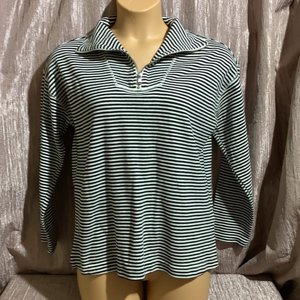 Chaps Top Sweater Sweatshirt Pullover 3/4 Zip Stretchy Black White Stripes M - Picture 4 of 13